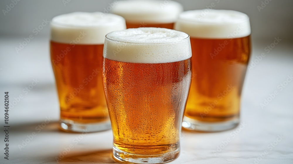 Four glasses of cold beer with condensation. Four glasses of cold beer with condensation.