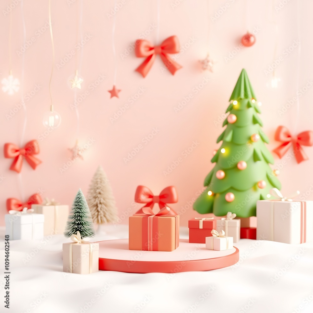 Christmas gift boxes on a red platform with a green Christmas tree in the background. Christmas gift boxes on a red platform with a green Christmas tree in the background.