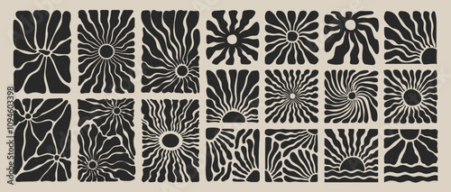 Retro groovy sun or sunburst background, hippie flower art, contemporary summer banner and abstract organic doodle floral pattern with grunge texture in 60s or 70s y2k boho style. Botanical leaf shape