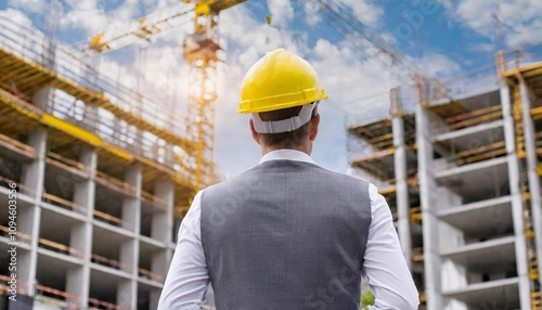 Professional construction engineer in standard safety gear observing building progress at a construction site during daytime, showcasing modern infrastructure development and teamwork.