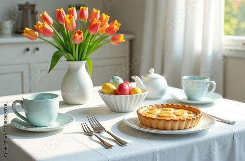 Wallpaper Mural Easter. Easter festive breakfast. On the table there is a vase with tulips, a teapot, two mugs or cups, saucers, a dish with a pie, a plate with painted Easter eggs, cutlery. Front view Torontodigital.ca