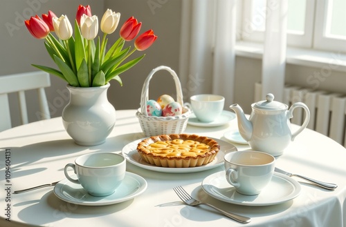 Wallpaper Mural Easter festive breakfast. On the table there is a vase with tulips, a teapot, three mugs or cups, plates, a dish with a fragrant pie, a basket with painted Easter eggs, cutlery. Torontodigital.ca