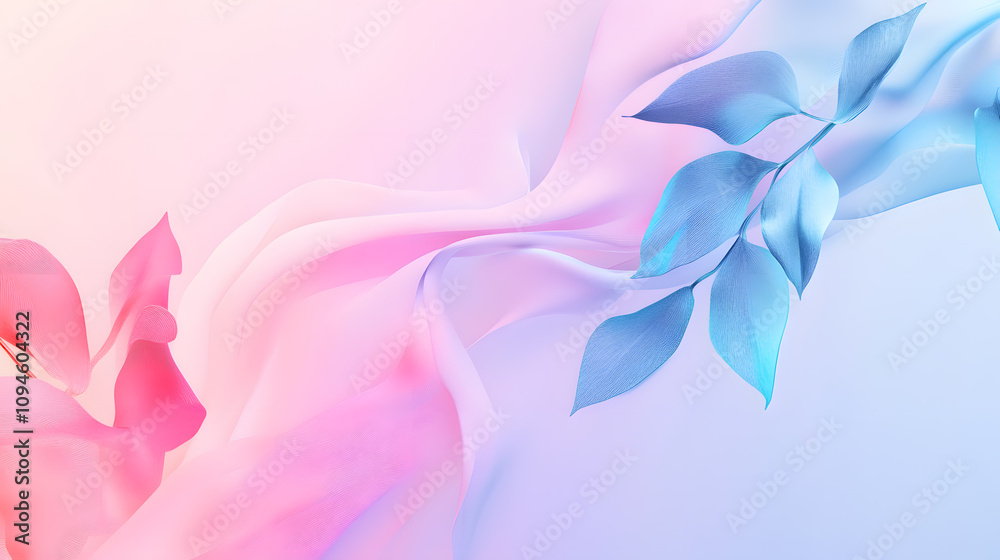 Fototapeta premium Elegant Abstract Background with Soft Pink and Blue Hues Featuring Flowing Fabric and Green Leaves for Creative Design and Artistic Projects