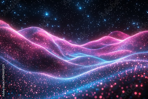 A vibrant, cosmic landscape with glowing waves and sparkling stars.