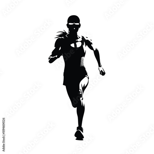 A woman running with her arms outstretched. She is wearing a black shirt and shorts. She is wearing a black and white outfit