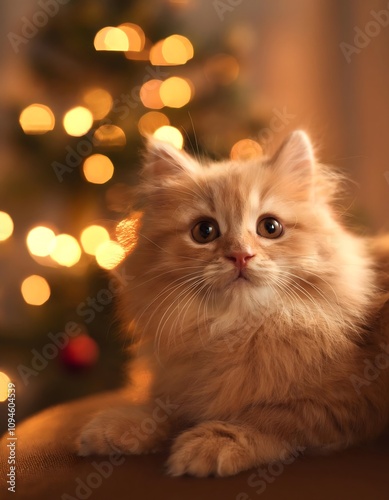 Fluffy citten in box to a Christmas tree with twinkling lights, cozy interior, warm tones
