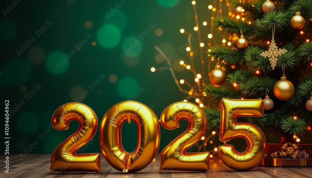 Festive scene on a green background with a Christmas tree in the background and golden balls forming the numbers Festive scene on a green background with a Christmas tree in the background and golden balls forming the numbers