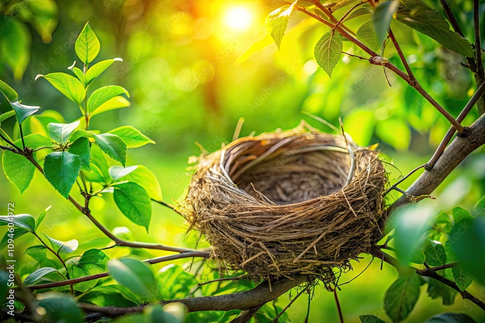Serene Birds Nest in Natural Habitat with Copy Space for Creative Use, Showcasing Feathered Friends and Their Cozy Home in Lush Greenery Serene Birds Nest in Natural Habitat with Copy Space for Creative Use, Showcasing Feathered Friends and Their Cozy Home in Lush Greenery