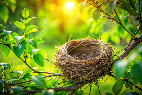 Serene Birds Nest in Natural Habitat with Copy Space for Creative Use, Showcasing Feathered Friends and Their Cozy Home in Lush Greenery