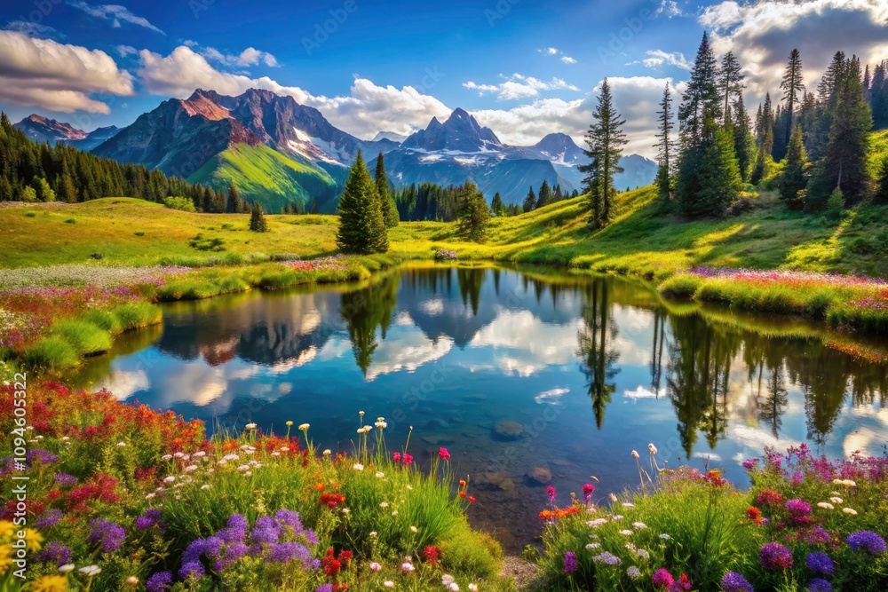 Naklejka premium Serene Mountain Meadow with Reflective Pond on a Sunny Day â€“ Aerial Photography of Lush Green Landscape, Tranquil Water, Scenic Nature, and Breathtaking Views for Nature Lovers