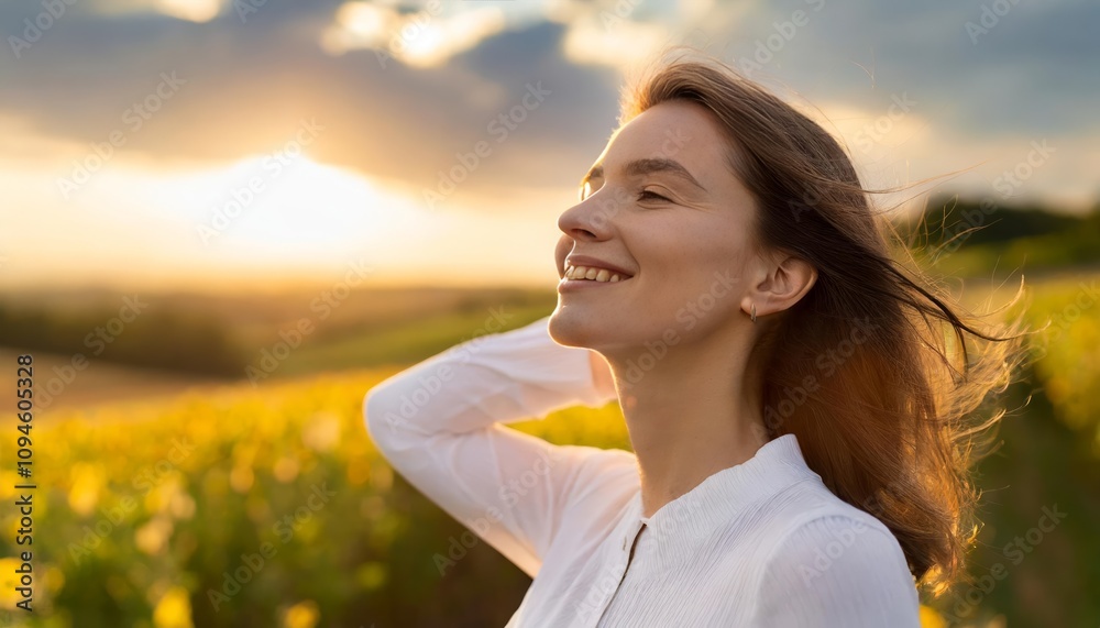 A serene backlit portrait of a peaceful, joyful woman with closed eyes, radiating happiness and tranquility in nature, beautifully capturing a tender, mindful moment of freedom and A serene backlit portrait of a peaceful, joyful woman with closed eyes, radiating happiness and tranquility in nature, beautifully capturing a tender, mindful moment of freedom and