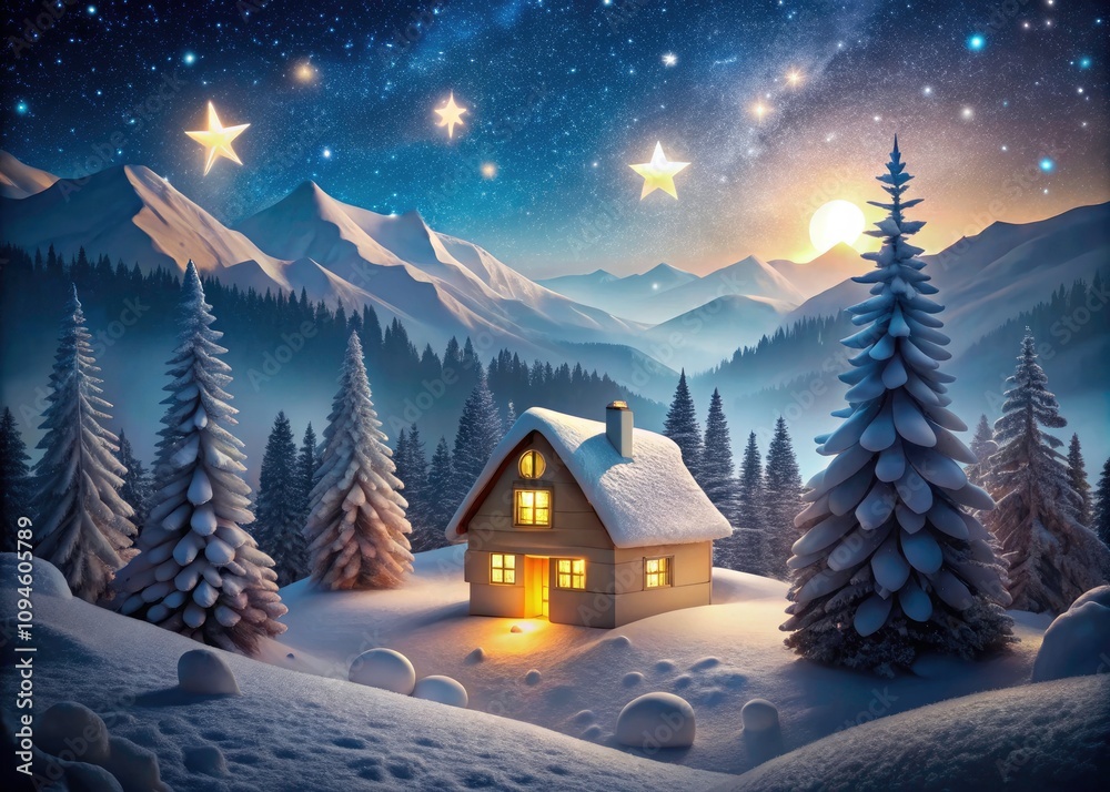 Fototapeta premium Serene Winter Landscape with Paper Cut Cottage Under Starry Night Sky