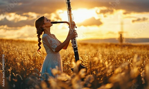 Woman holding a bassoon in a golden sunset field.