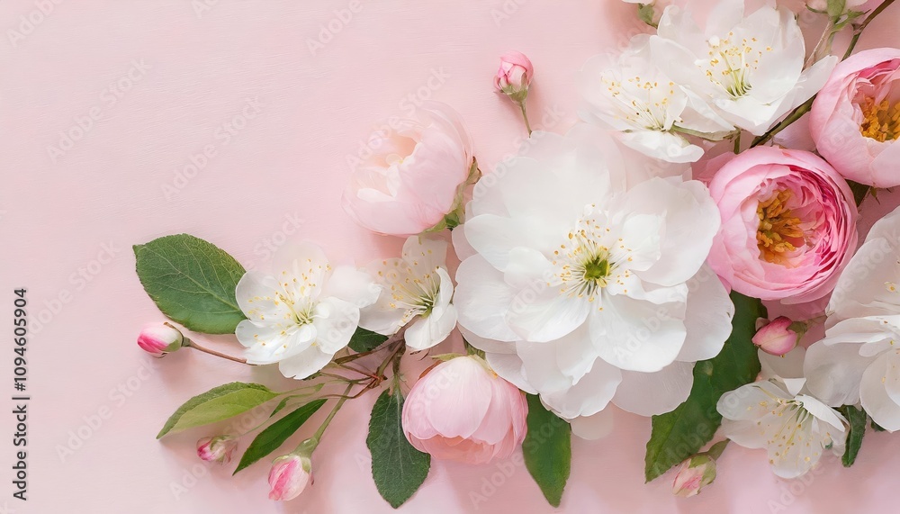 Elegant banner featuring delicate flowers on a soft light pink background, perfect as a greeting card template for weddings, mothers’ celebrations, birthdays, or romantic events. Elegant banner featuring delicate flowers on a soft light pink background, perfect as a greeting card template for weddings, mothers’ celebrations, birthdays, or romantic events.