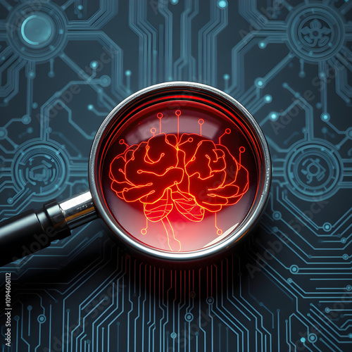 Concept of futuristic Magnifying glass, Artificial Intelligence, AI Brain