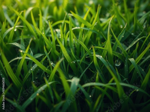 Lush green grass texture with dew drops, ideal for backgrounds or design projects, closeup