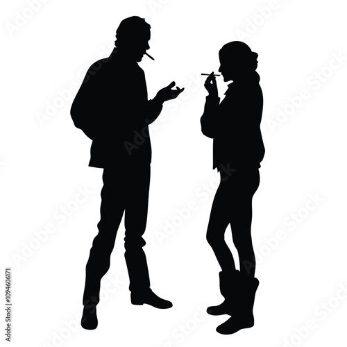 A man and a woman are standing next to each other. The man is smoking a cigarette