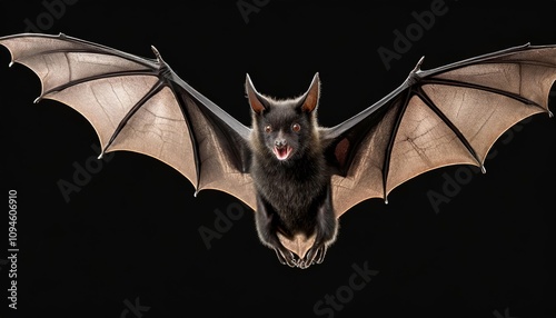 Dynamic image of a bat mid-flight, showcasing its intricate wing flap on an isolated transparent background. Ideal for wildlife studies, educational materials, and creative design projects. photo