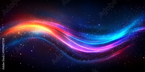 A vibrant abstract wave of colors against a starry background, evoking a sense of motion.