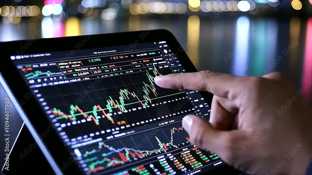 Hand Pointing at Tablet with Financial Charts Displaying Data Analysis Hand Pointing at Tablet with Financial Charts Displaying Data Analysis