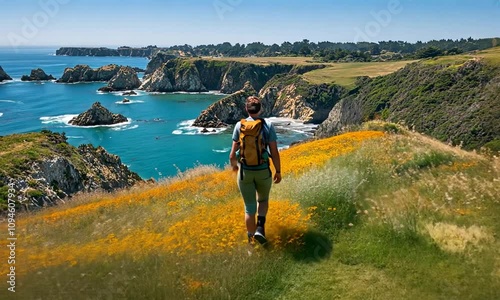 Hiker overlooking a coastal landscape with wildflowers.