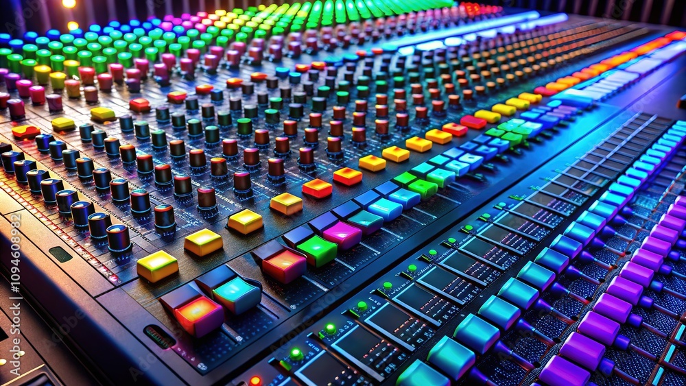 Colorful mixing console, seen from above. Colorful mixing console, seen from above.