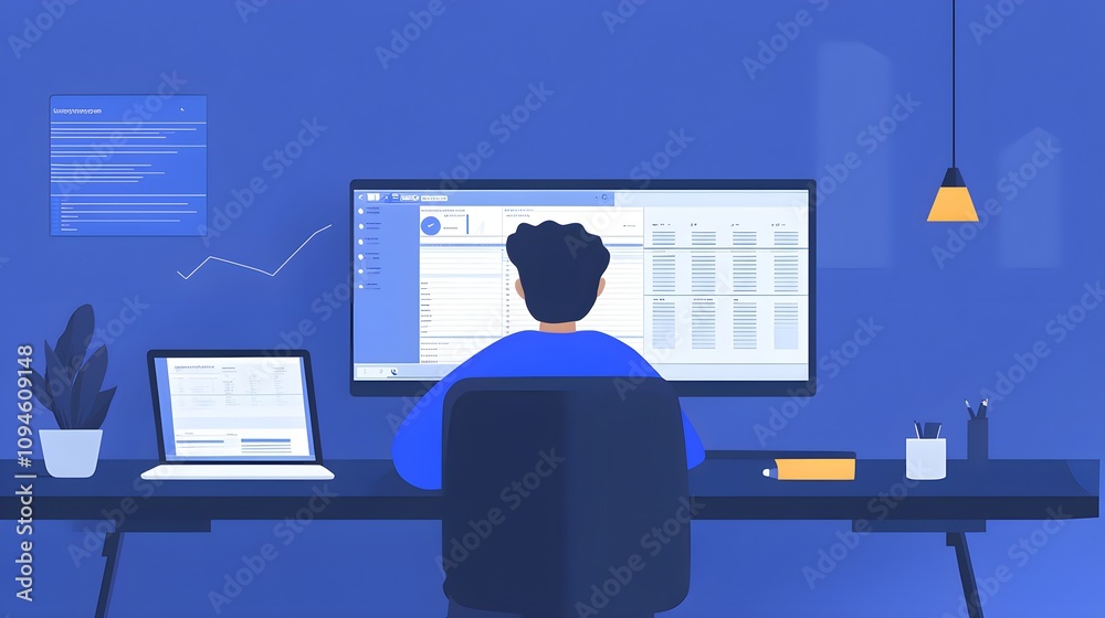 Remote work setup home office digital workspace indoor environment over-the-shoulder view productivity and focus Remote work setup home office digital workspace indoor environment over-the-shoulder view productivity and focus