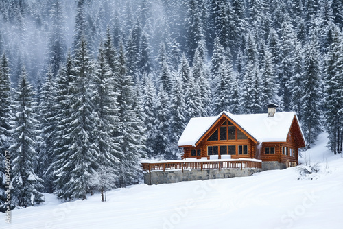 Cozy mountain cabin surrounded by snow-covered pine trees. Generative AI