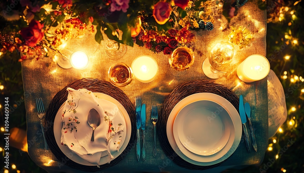 Fototapeta premium Romantic candlelit dinner table setting