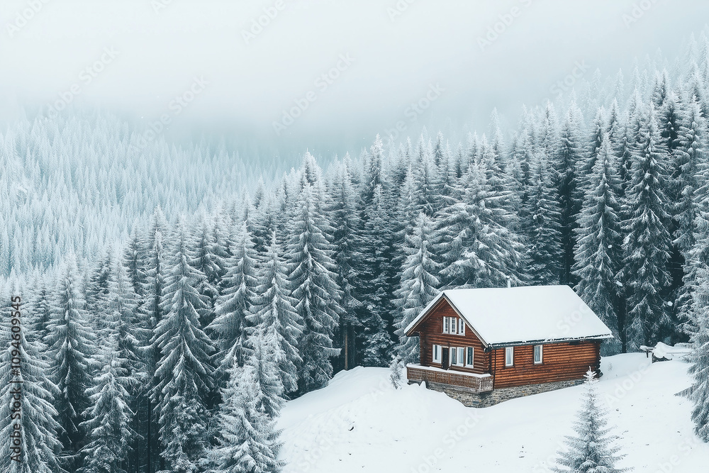 Small mountain cabin surrounded by snow-covered pine trees. Generative AI