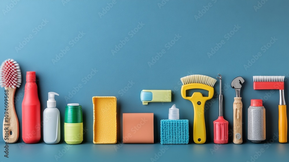 Cleaning Supplies and Tools Arranged in a Row on a Blue Background Cleaning Supplies and Tools Arranged in a Row on a Blue Background