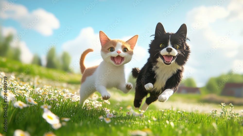 Happy kitten and puppy running through sunny field Happy kitten and puppy running through sunny field