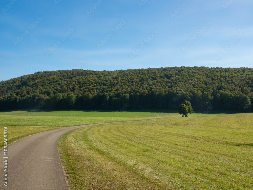 Naklejka premium Schwaebische Alb, Germany - October 1st 2023: Beautiful country road in a wide landscape with forested hills