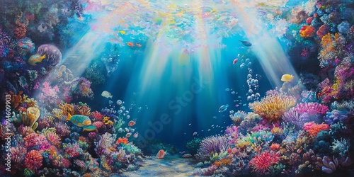 High-angle view of a vibrant underwater utopia, iridescent coral reefs teeming with exotic sea life, illuminated by surreal, ethereal light beams, oil painting style