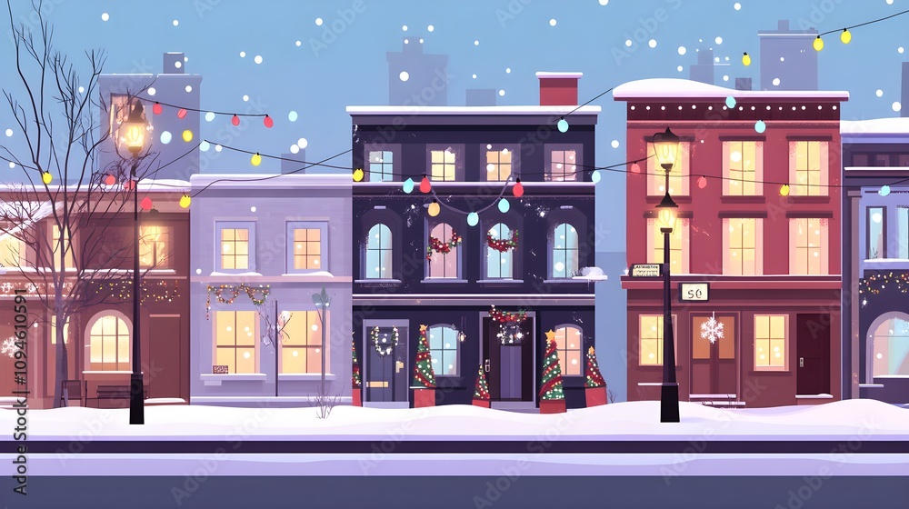 Festive winter scene with colorful lights and snowy streets in a charming neighborhood illustrative art cozy atmosphere evening view