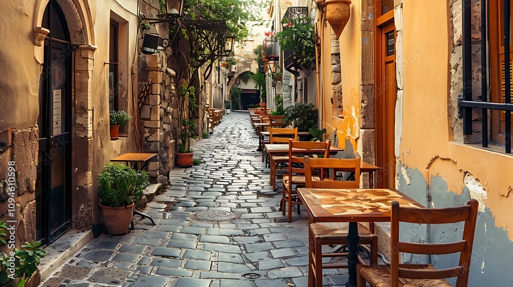 Fototapeta premium A charming cobblestone alleyway with outdoor dining tables, adorned with plants and a warm, inviting atmosphere.