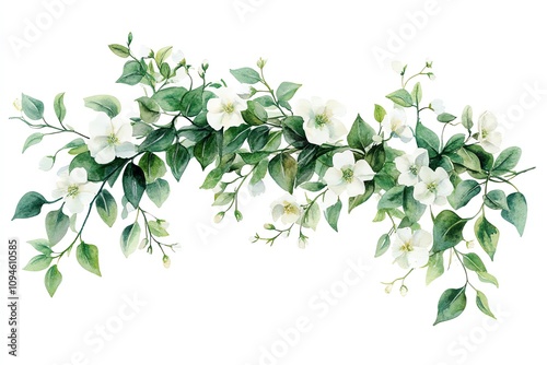 Watercolor painting of a white flower branch with green leaves