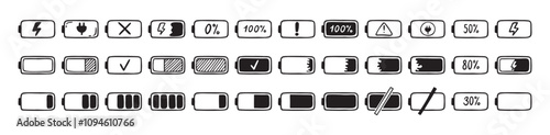 Mobile battery doodle Hand drawn set. Collection pen ink pencil drawing sketches connection indicator isolated. low or high energy charge