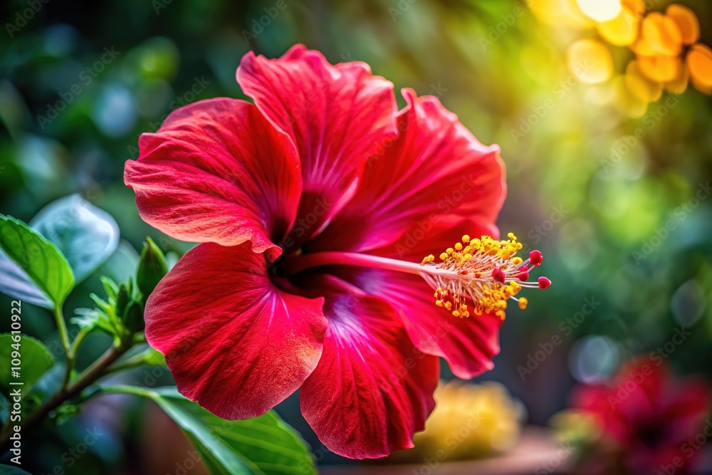 Crimson hibiscus bloom, close-up food photography. Crimson hibiscus bloom, close-up food photography.