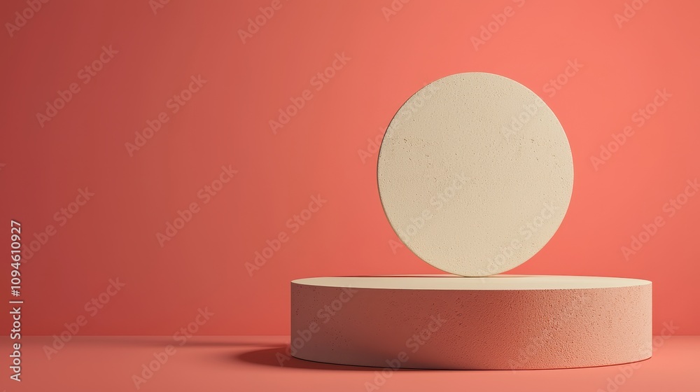 A minimalist design featuring a floating circular object above a cylindrical base on a coral-colored background. A minimalist design featuring a floating circular object above a cylindrical base on a coral-colored background.