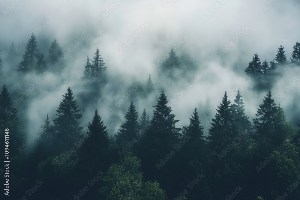 Early morning fog rolling through an ancient forest with towering trees. Generative AI Early morning fog rolling through an ancient forest with towering trees. Generative AI