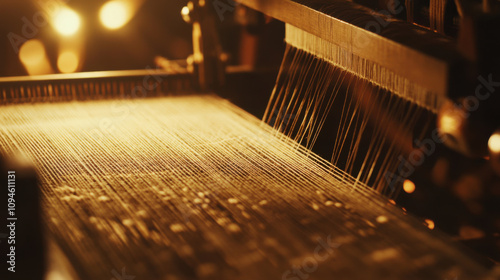 Weaving loom in action with threads crossing, showcasing intricate craftsmanship and warm lighting photo