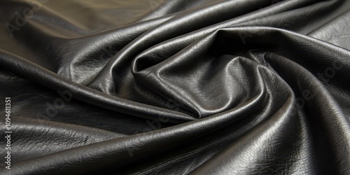 Luxurious Black Leather Draped in Soft, Elegant Folds, Showcasing its Smooth Texture and Rich Depth