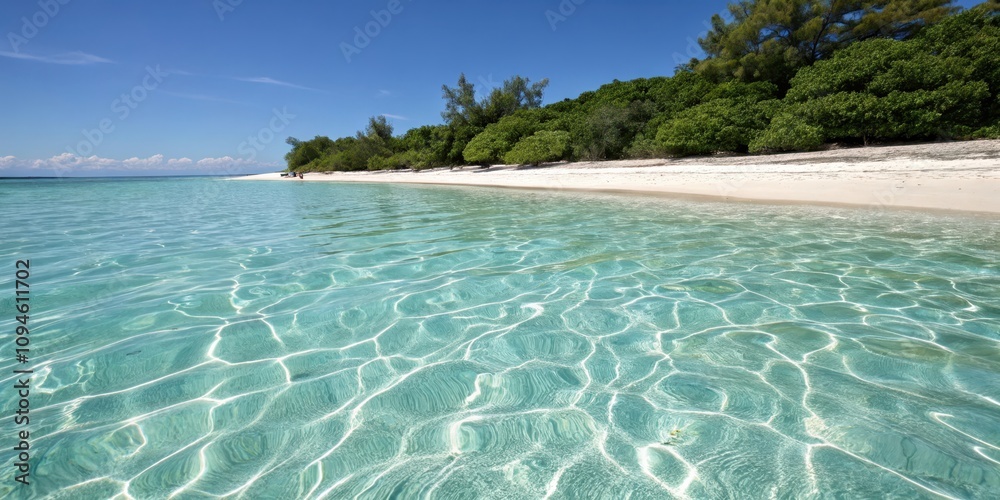 Fototapeta premium Serene coastal scene of a pristine beach with crystal-clear turquoise water and lush tropical vegetation