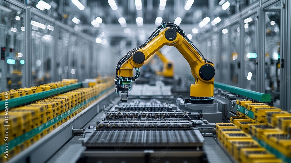 Two Yellow Robotic Arms Working on an Assembly Line in a Modern Factory Two Yellow Robotic Arms Working on an Assembly Line in a Modern Factory