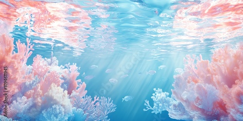 Serene underwater scene with vibrant coral reefs and sunbeams penetrating the ocean's surface. Peaceful aquatic life. photo