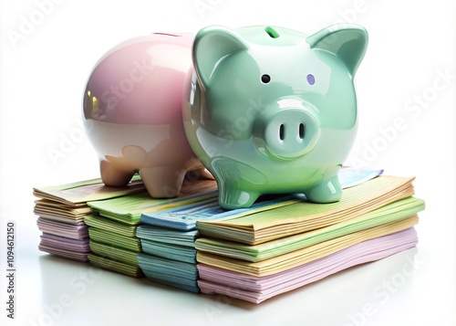 Cute pastel stacks of cash next to a delightful piggy bank on a smooth backdrop, ideal for illustrating financial concepts and promoting saving habits.