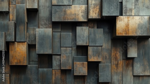 Modern geometric wall design with metallic textures and rusty accents
