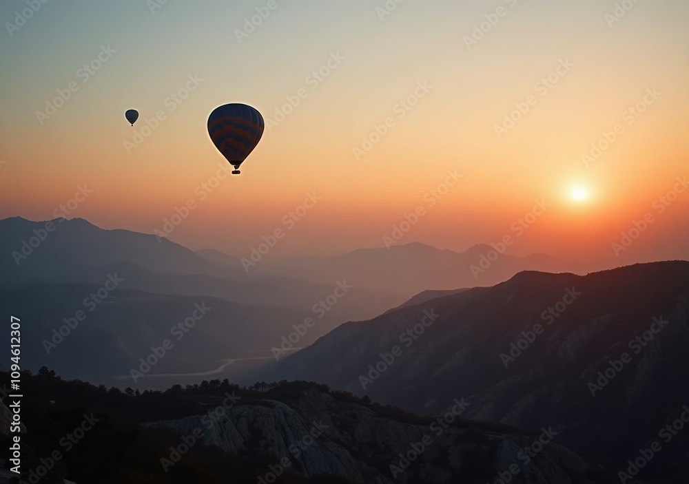 Colorful hot air balloons floating over a tranquil mountain landscape at sunset Colorful hot air balloons floating over a tranquil mountain landscape at sunset
