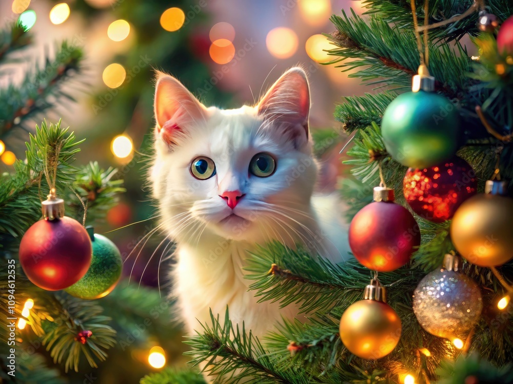 White Cat Ornament on Christmas Tree Branch - Holiday Decor, Festive Decorations, Cute Cat Themed Ornaments, Christmas Tree Ideas, Unique Holiday Decor, Winter Celebration Photography White Cat Ornament on Christmas Tree Branch - Holiday Decor, Festive Decorations, Cute Cat Themed Ornaments, Christmas Tree Ideas, Unique Holiday Decor, Winter Celebration Photography